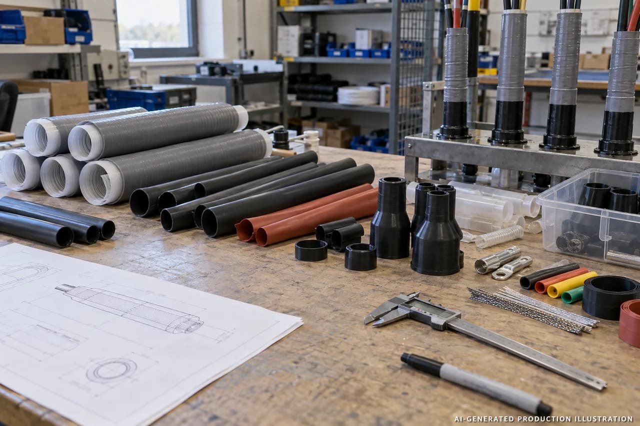 AI-generated cable accessory materials and components illustration, not a photograph of FEICHEER factory