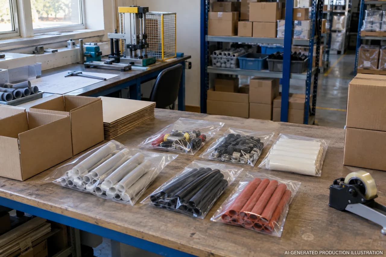 AI-generated cable accessory kit, labels and packing illustration, not a photograph of FEICHEER factory