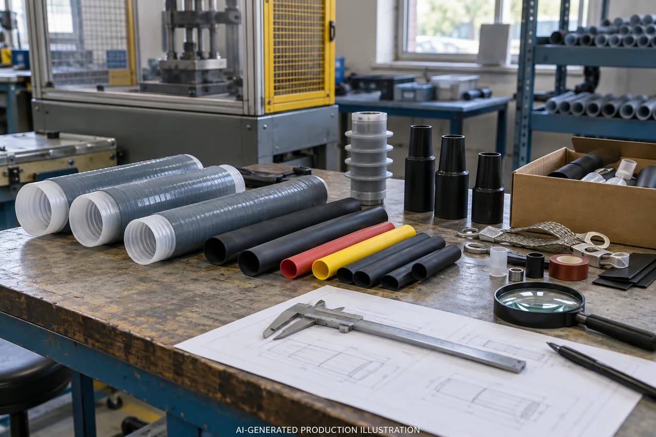 AI-generated cable accessory inspection and test planning illustration, not a photograph of FEICHEER factory